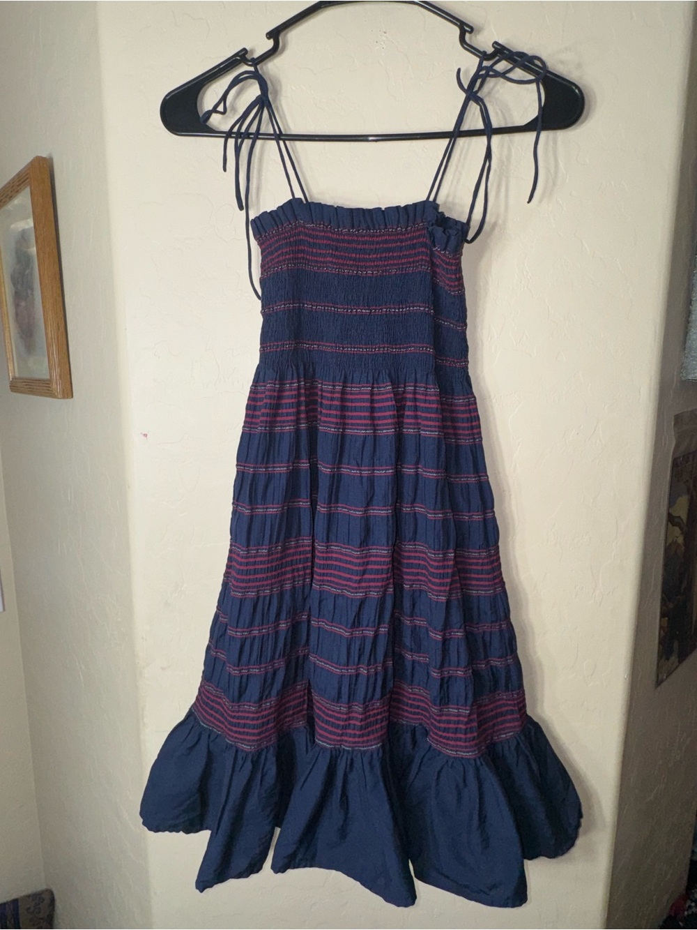 J.Crew Smocked Tie Strap Mini Dress Navy Red Stripe Tiered Ruffle Size S
